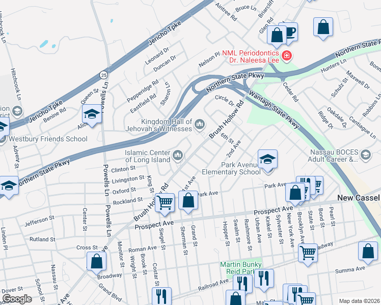 map of restaurants, bars, coffee shops, grocery stores, and more near 7 Talbot Drive in Westbury