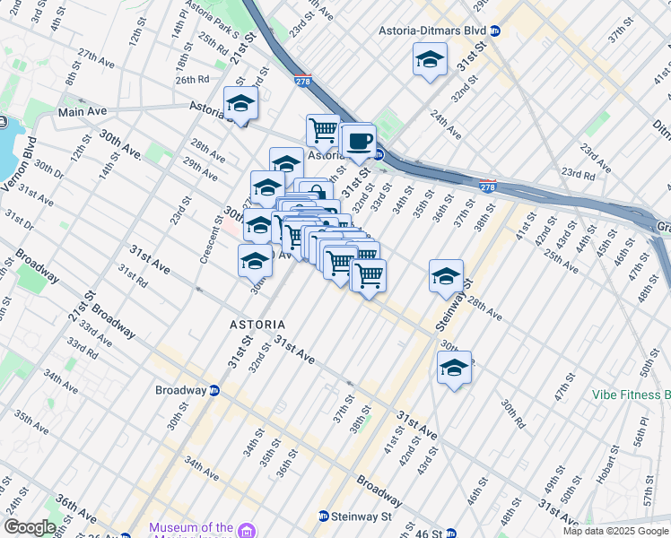 map of restaurants, bars, coffee shops, grocery stores, and more near 31-23 Newtown Avenue in Queens