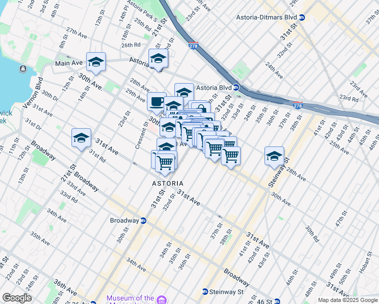 map of restaurants, bars, coffee shops, grocery stores, and more near 30-32 30th Avenue in Queens