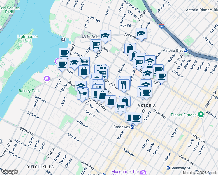 map of restaurants, bars, coffee shops, grocery stores, and more near 21-23 31st Avenue in Queens