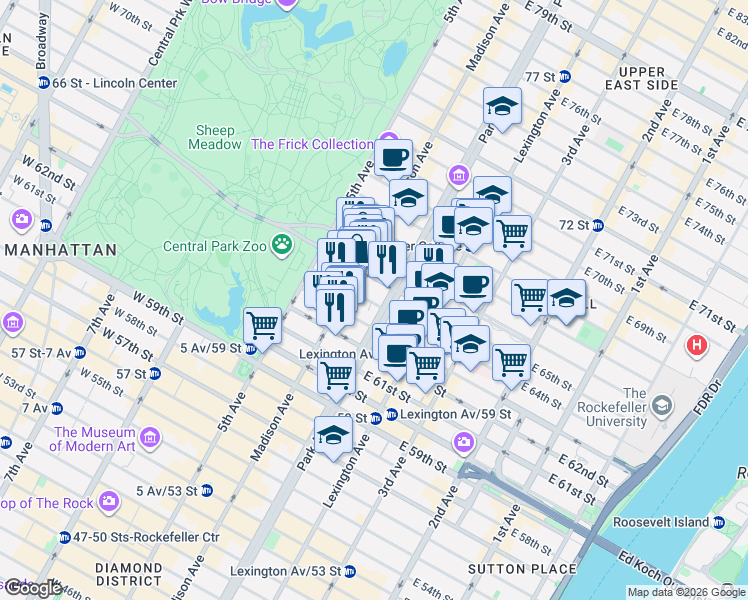 map of restaurants, bars, coffee shops, grocery stores, and more near 42A East 65th Street in New York