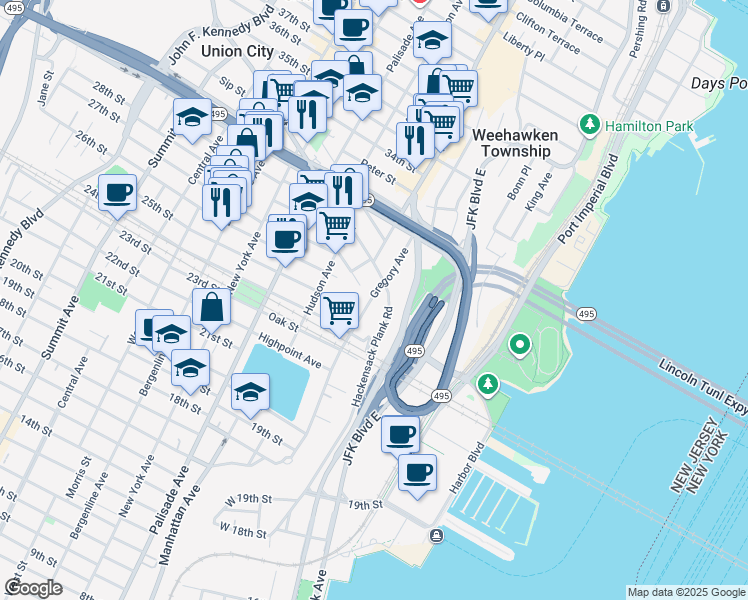 map of restaurants, bars, coffee shops, grocery stores, and more near in Weehawken
