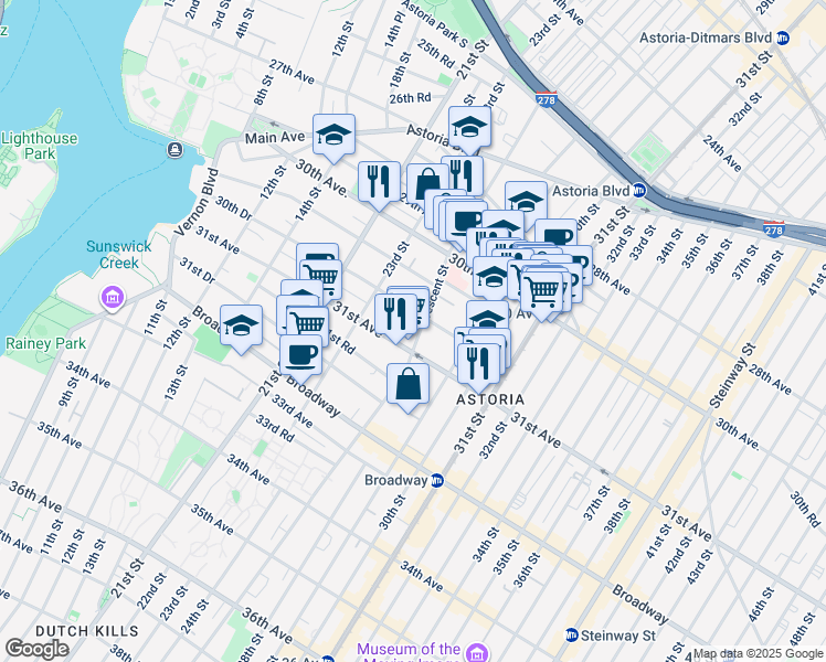 map of restaurants, bars, coffee shops, grocery stores, and more near 2367 30th Drive in Queens
