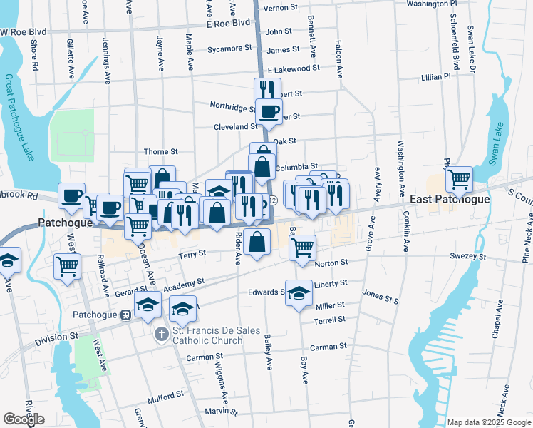 map of restaurants, bars, coffee shops, grocery stores, and more near 239 East Main Street in Patchogue