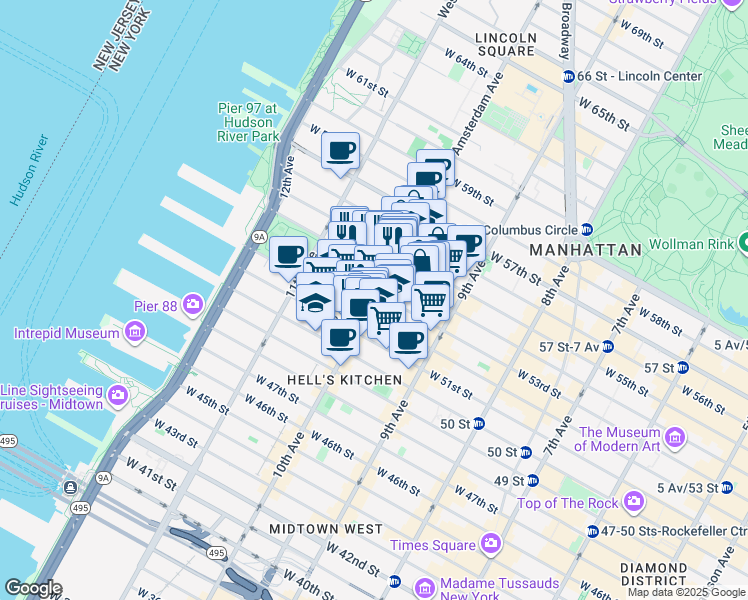 map of restaurants, bars, coffee shops, grocery stores, and more near 783 10th Avenue in New York