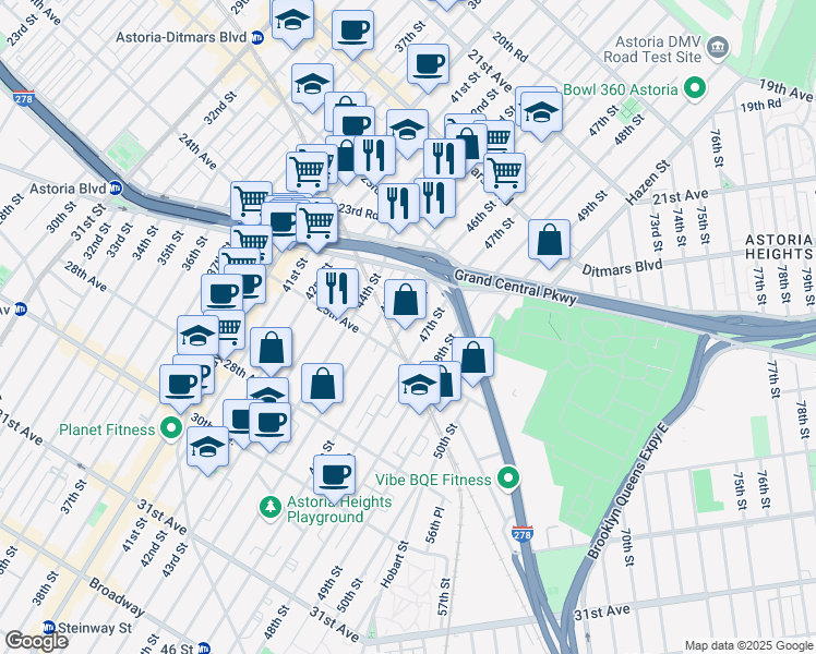 map of restaurants, bars, coffee shops, grocery stores, and more near 24-29 45th Street in Queens