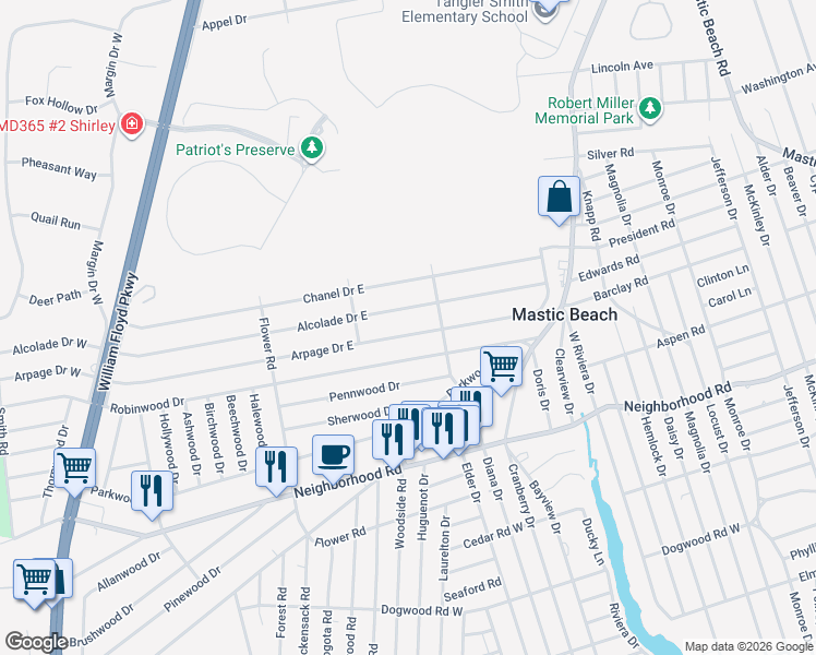 map of restaurants, bars, coffee shops, grocery stores, and more near 110 Alcolade Drive East in Shirley