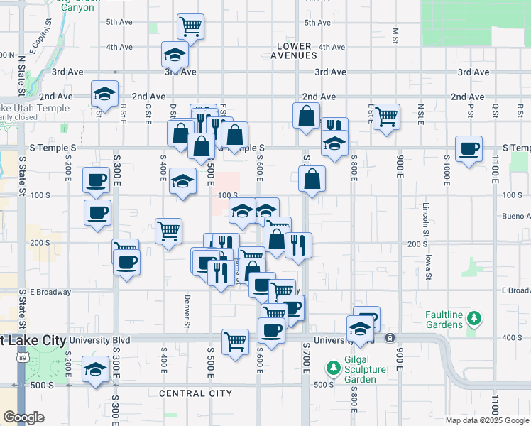 map of restaurants, bars, coffee shops, grocery stores, and more near 620 East 100 South in Salt Lake City