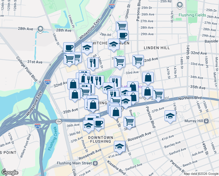 map of restaurants, bars, coffee shops, grocery stores, and more near 34th Road in Queens