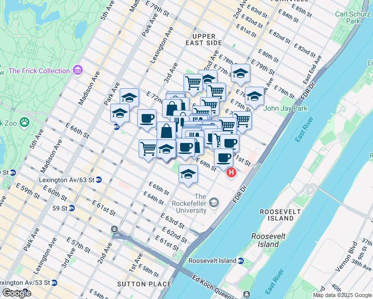 map of restaurants, bars, coffee shops, grocery stores, and more near 333 East 70th Street in New York