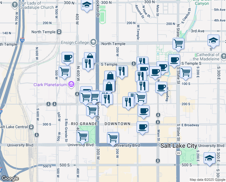 map of restaurants, bars, coffee shops, grocery stores, and more near in Salt Lake City