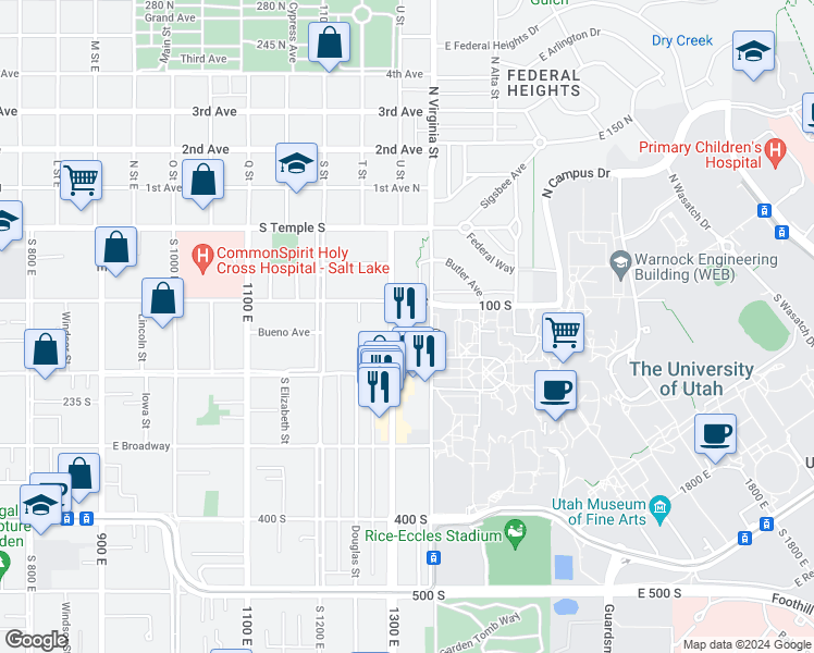 map of restaurants, bars, coffee shops, grocery stores, and more near 125 South 1300 East in Salt Lake City