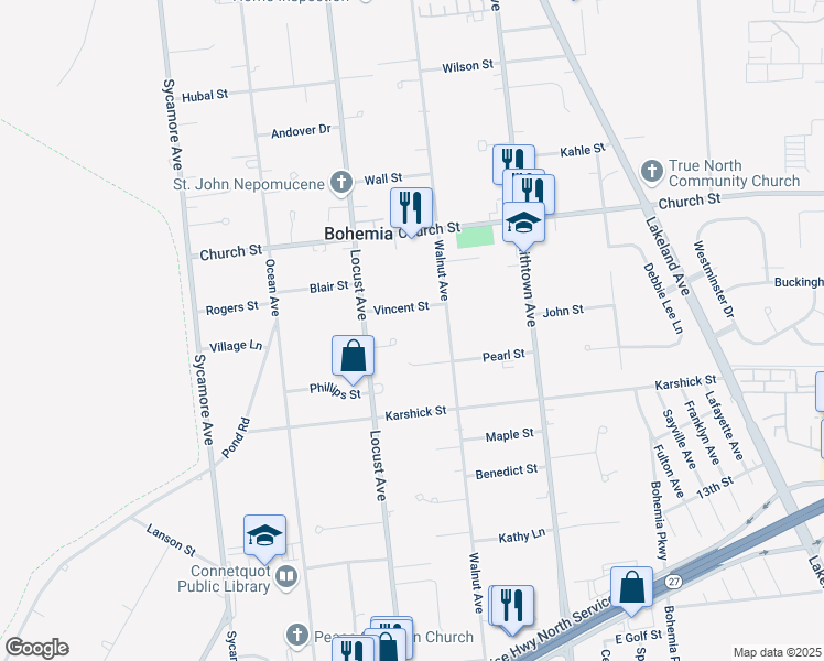 map of restaurants, bars, coffee shops, grocery stores, and more near 16 Vincent Street in Bohemia