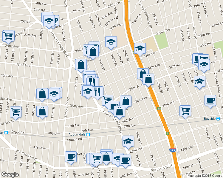 map of restaurants, bars, coffee shops, grocery stores, and more near 34-19 201st Street in Queens