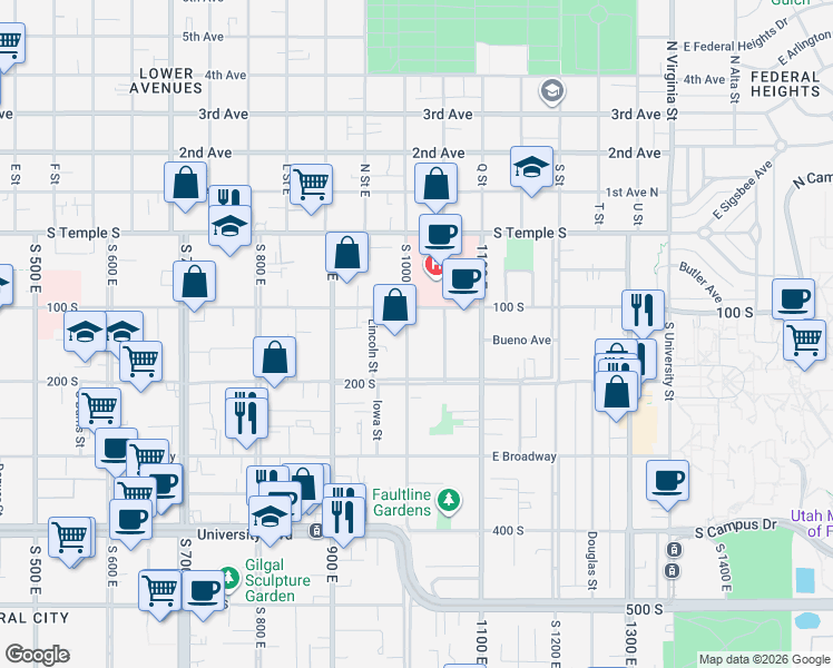 map of restaurants, bars, coffee shops, grocery stores, and more near 175 South 1000 East in Salt Lake City