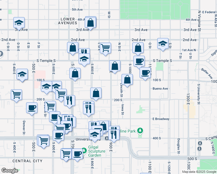 map of restaurants, bars, coffee shops, grocery stores, and more near 100 900 East in Salt Lake City