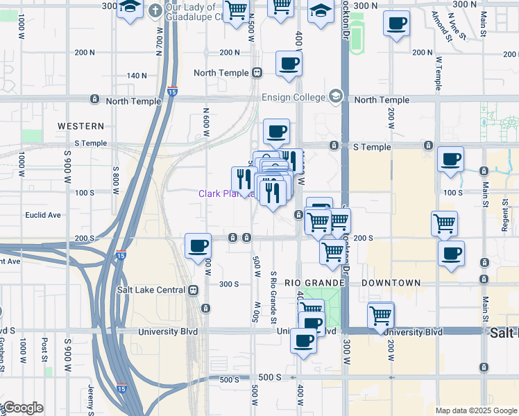 map of restaurants, bars, coffee shops, grocery stores, and more near 151 South Rio Grande Street in Salt Lake City