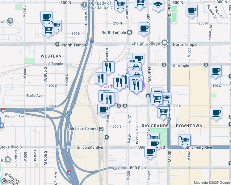 map of restaurants, bars, coffee shops, grocery stores, and more near 113 600 West in Salt Lake City