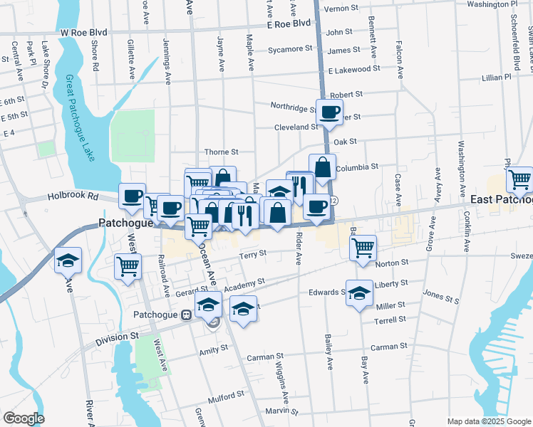 map of restaurants, bars, coffee shops, grocery stores, and more near 21 Maple Avenue in Patchogue