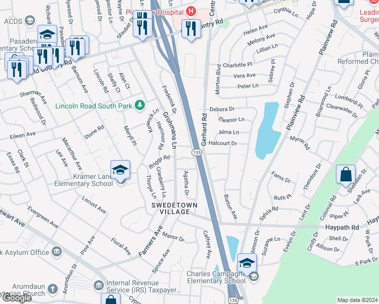 map of restaurants, bars, coffee shops, grocery stores, and more near 10 West Lane Drive in Plainview