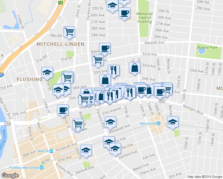map of restaurants, bars, coffee shops, grocery stores, and more near 34-5 146th Street in Queens