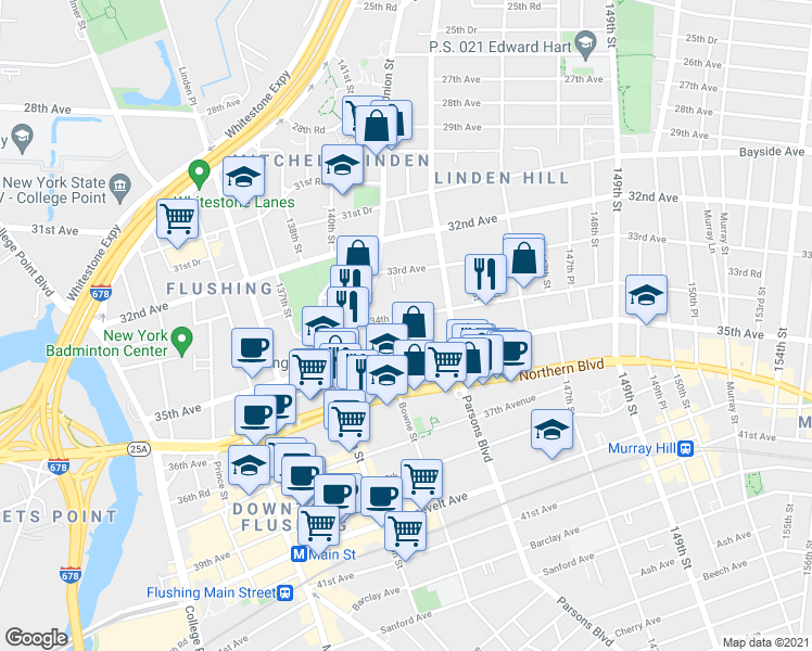 map of restaurants, bars, coffee shops, grocery stores, and more near 14055 34th Avenue in Queens