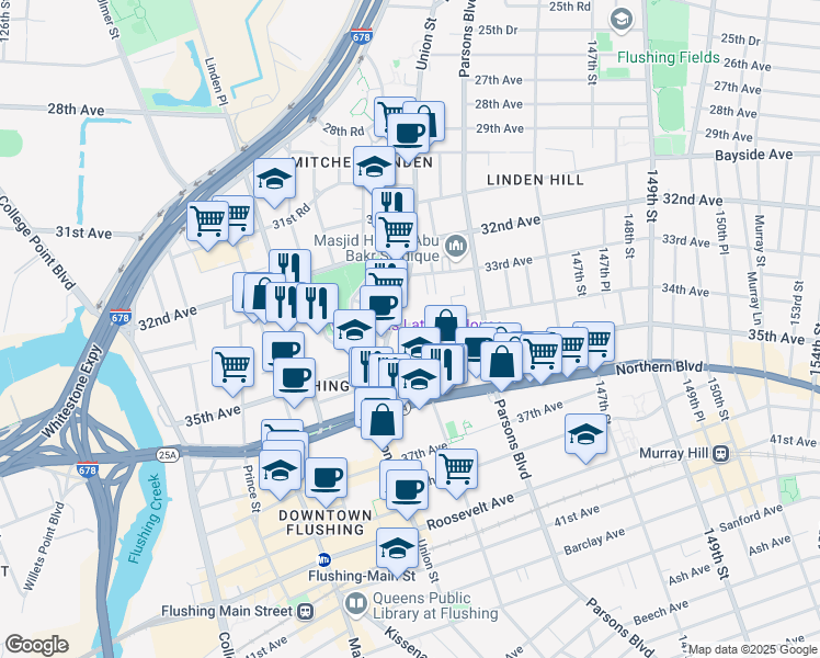 map of restaurants, bars, coffee shops, grocery stores, and more near 33-33 Union Street in Queens