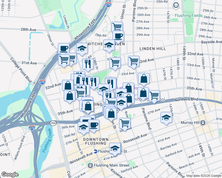 map of restaurants, bars, coffee shops, grocery stores, and more near 139-10 34th Avenue in Queens
