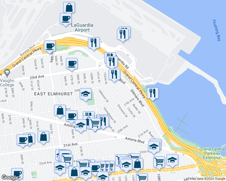 map of restaurants, bars, coffee shops, grocery stores, and more near 104-04 Ditmars Boulevard in Queens