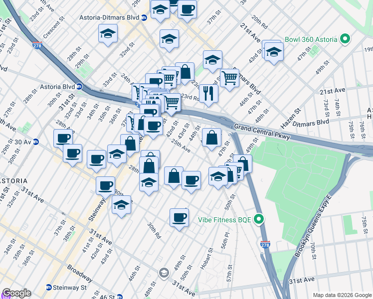 map of restaurants, bars, coffee shops, grocery stores, and more near 2441 44th Street in Queens