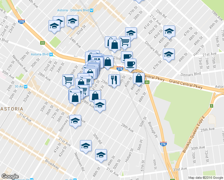 map of restaurants, bars, coffee shops, grocery stores, and more near 42-15 25th Avenue in Queens