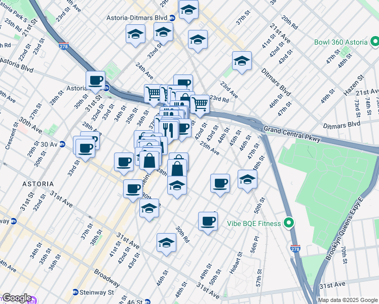 map of restaurants, bars, coffee shops, grocery stores, and more near 25-23 41st Street in Queens