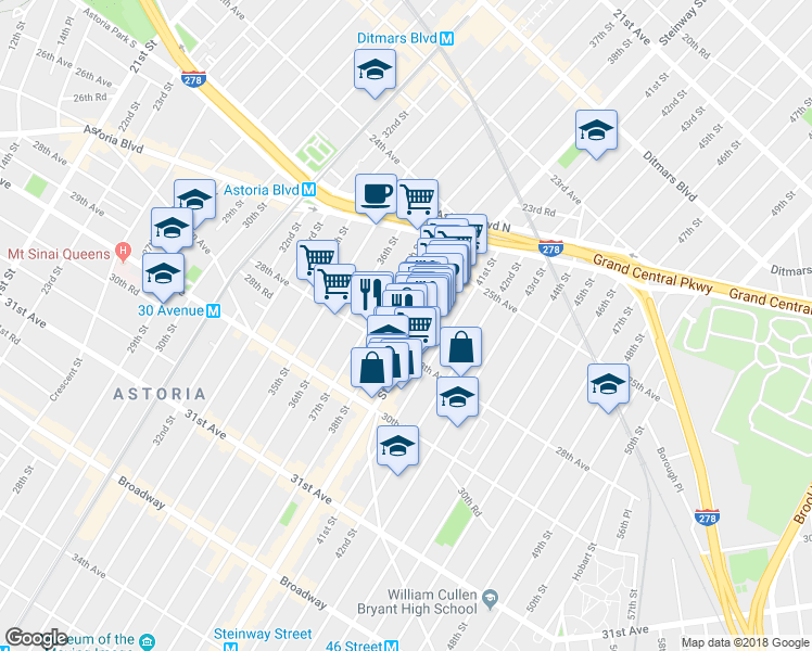 map of restaurants, bars, coffee shops, grocery stores, and more near 25-72 Steinway Street in Queens
