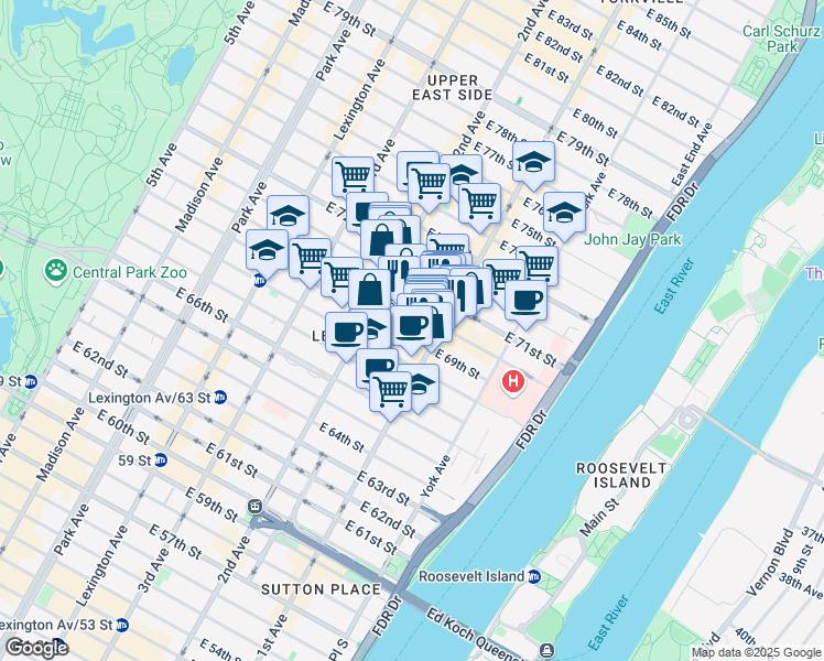 map of restaurants, bars, coffee shops, grocery stores, and more near 333 East 70th Street in New York