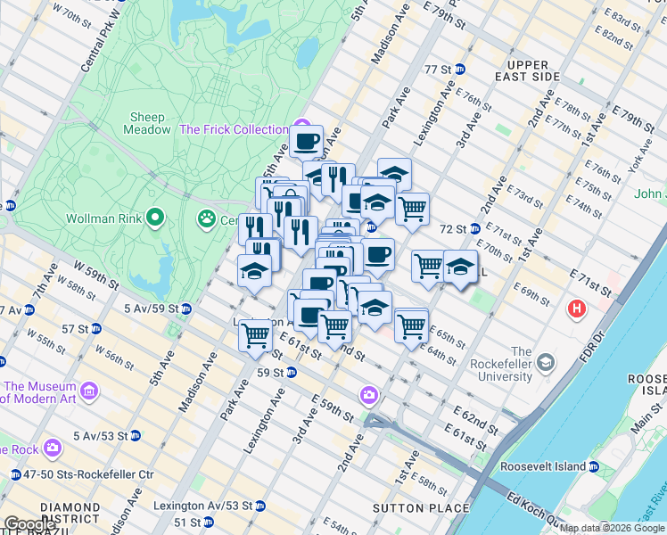 map of restaurants, bars, coffee shops, grocery stores, and more near in New York