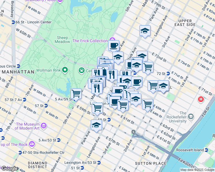 map of restaurants, bars, coffee shops, grocery stores, and more near 42A East 65th Street in New York
