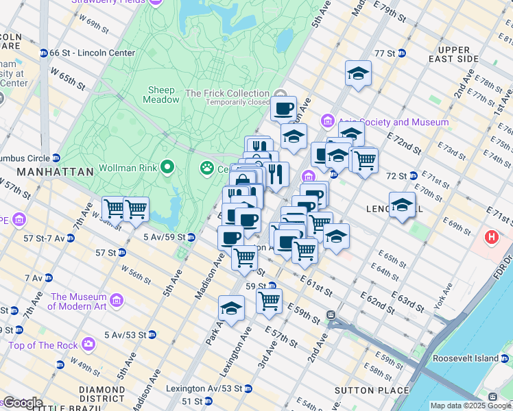 map of restaurants, bars, coffee shops, grocery stores, and more near 17 East 64th Street in New York