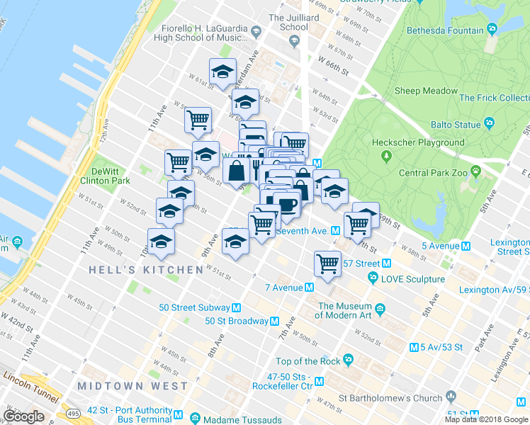 map of restaurants, bars, coffee shops, grocery stores, and more near 330 West 55th Street in New York