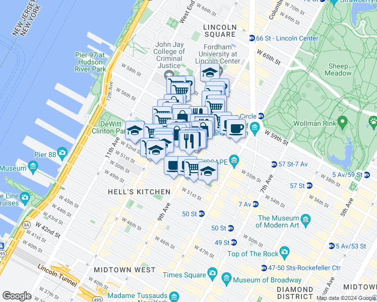 map of restaurants, bars, coffee shops, grocery stores, and more near 411 West 55th Street in New York