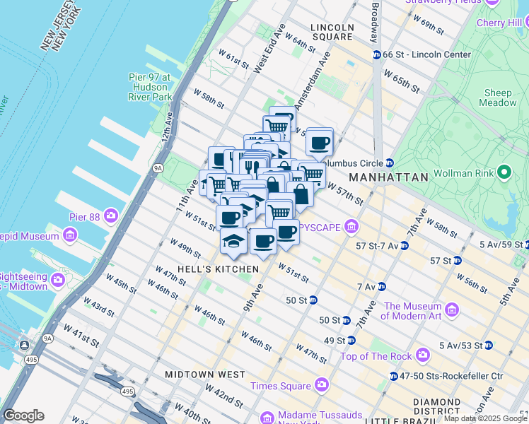 map of restaurants, bars, coffee shops, grocery stores, and more near 443 West 54th Street in New York