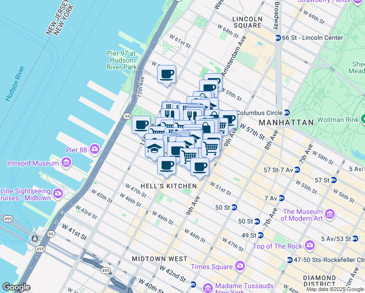 map of restaurants, bars, coffee shops, grocery stores, and more near 511 West 54th Street in New York