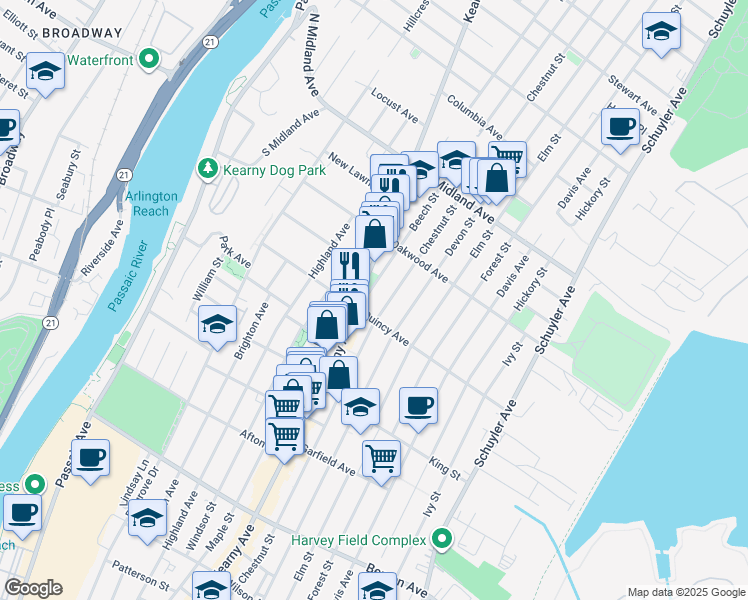 map of restaurants, bars, coffee shops, grocery stores, and more near 34 Beech Street in Kearny