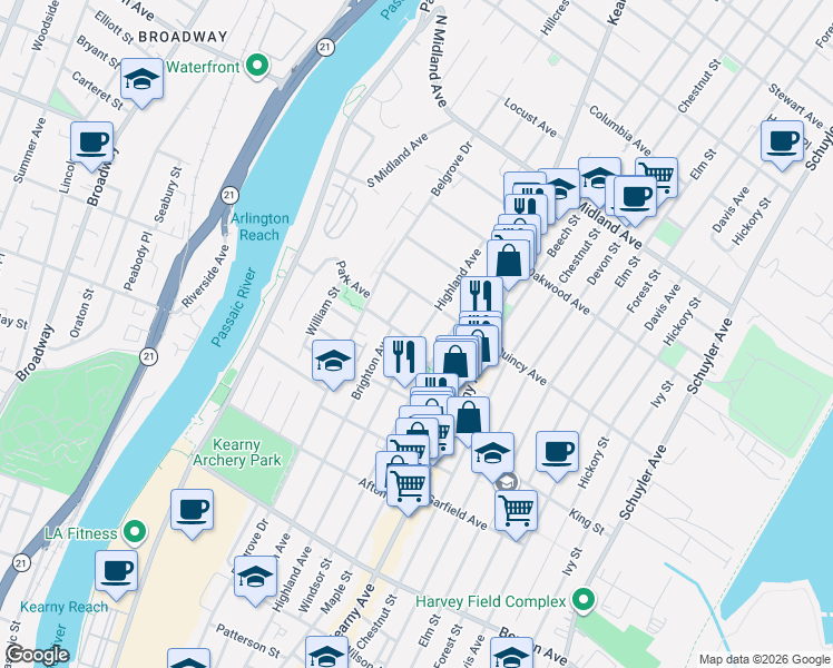 map of restaurants, bars, coffee shops, grocery stores, and more near 54 Quincy Avenue in Kearny