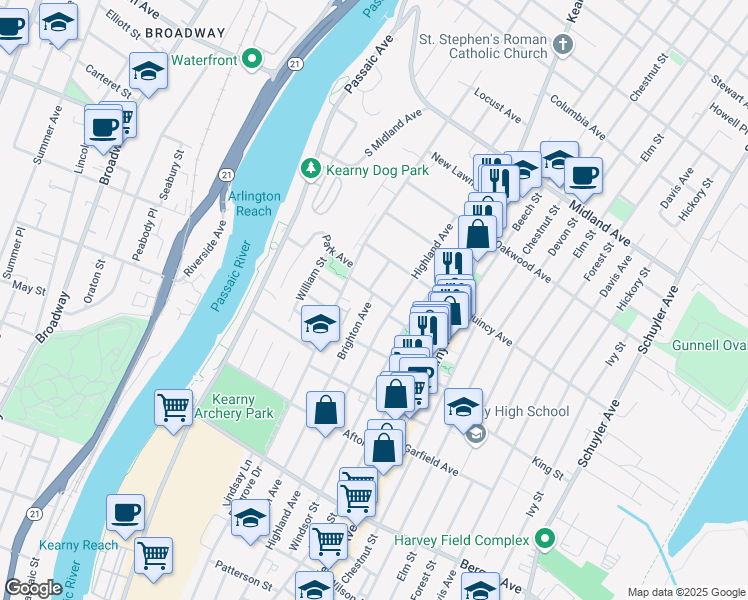 map of restaurants, bars, coffee shops, grocery stores, and more near 10 Trinity Place in Kearny