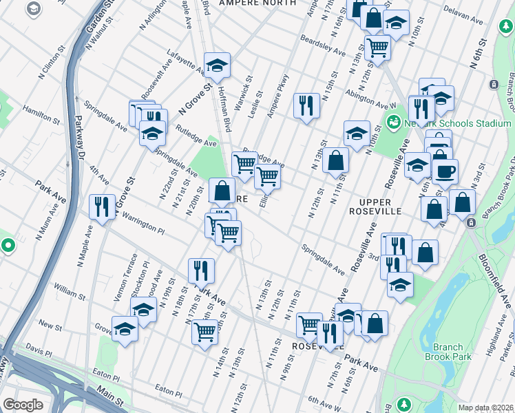 map of restaurants, bars, coffee shops, grocery stores, and more near 28 Ellington Street in East Orange
