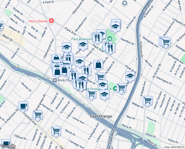map of restaurants, bars, coffee shops, grocery stores, and more near 14 Carlton Street in East Orange