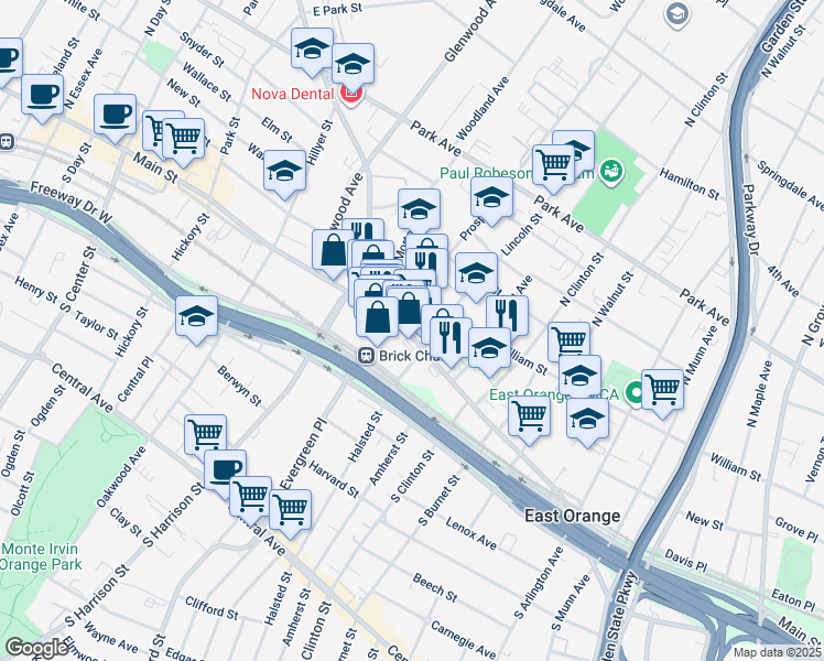 map of restaurants, bars, coffee shops, grocery stores, and more near 7 Lincoln Street in East Orange