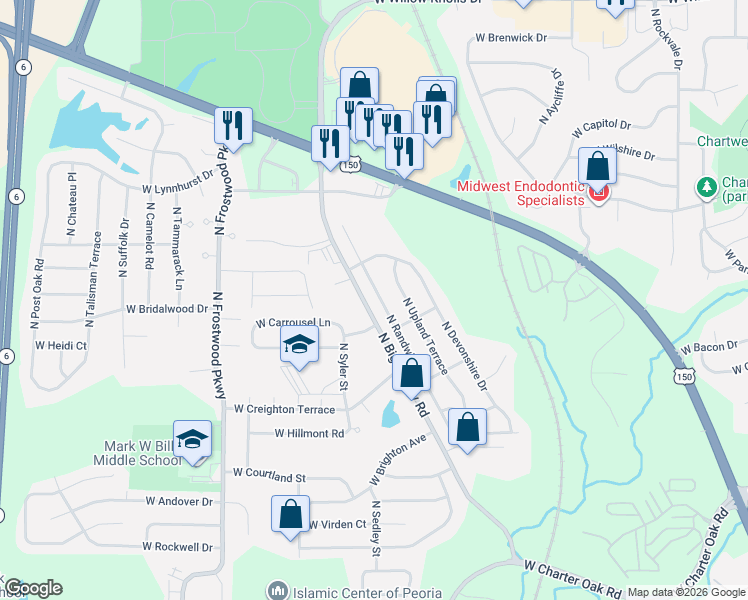 map of restaurants, bars, coffee shops, grocery stores, and more near 6513 North Randwick Road in Peoria