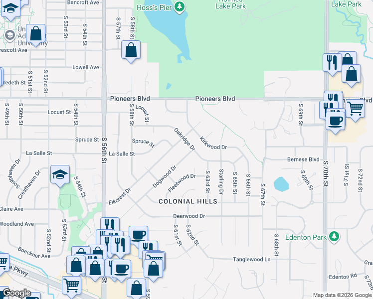 map of restaurants, bars, coffee shops, grocery stores, and more near 6101 Oakridge Drive in Lincoln