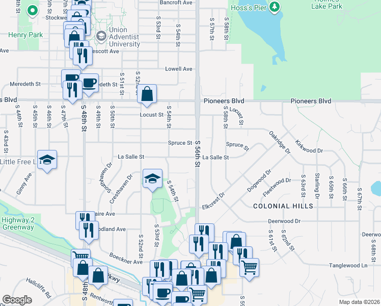 map of restaurants, bars, coffee shops, grocery stores, and more near 5521 Spruce Street in Lincoln